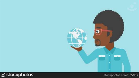 An african-american young businessman holding Earth globe in hand. Concept of global business. Vector flat design illustration. Horizontal layout.. Businessman holding Earth globe.