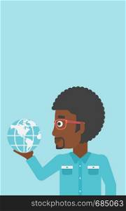 An african-american young businessman holding Earth globe in hand. Concept of global business. Vector flat design illustration. Vertical layout.. Businessman holding Earth globe.