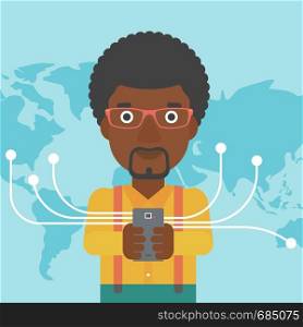 An african-american young businessman holding smartphone connected with the whole world. Concept of global business. Vector flat design illustration. Square layout.. Businessman using smartphone.