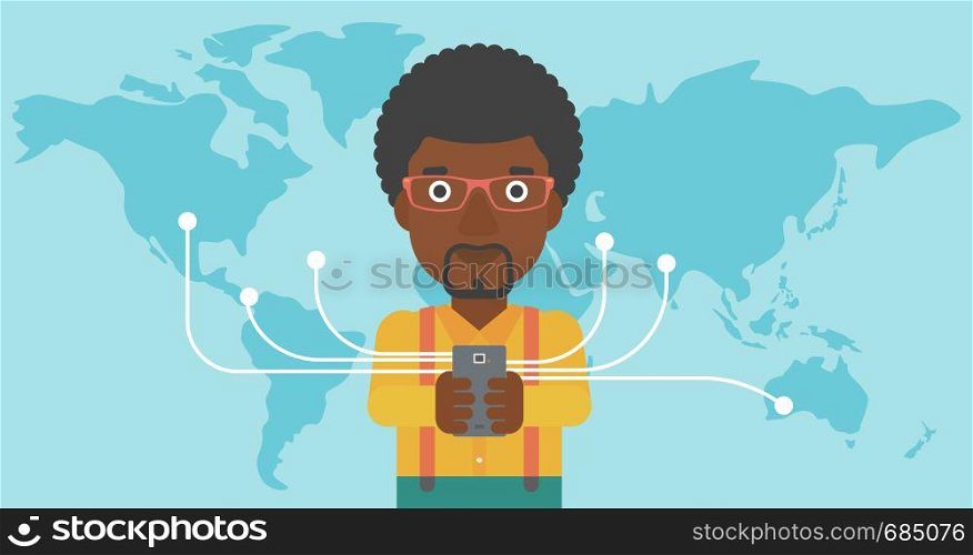 An african-american young businessman holding smartphone connected with the whole world. Concept of global business. Vector flat design illustration. Horizontal layout.. Businessman using smartphone.