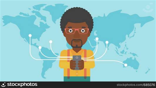 An african-american young businessman holding smartphone connected with the whole world. Concept of global business. Vector flat design illustration. Horizontal layout.. Businessman using smartphone.