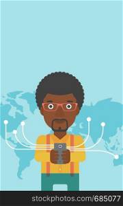 An african-american young businessman holding smartphone connected with the whole world. Concept of global business. Vector flat design illustration. Vertical layout.. Businessman using smartphone.