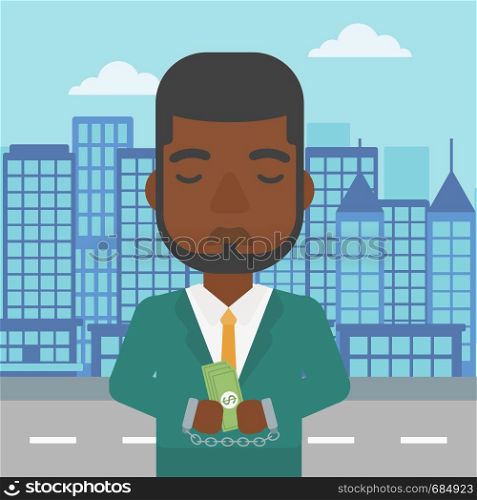 An african-american young businessman in handcuffs with money in hands on the background of modern city. Businessman handcuffed for crime. Vector flat design illustration. Square layout.. Businessman handcuffed for crime.