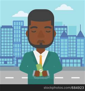 An african-american young businessman in handcuffs with money in hands on the background of modern city. Businessman handcuffed for crime. Vector flat design illustration. Square layout.. Businessman handcuffed for crime.