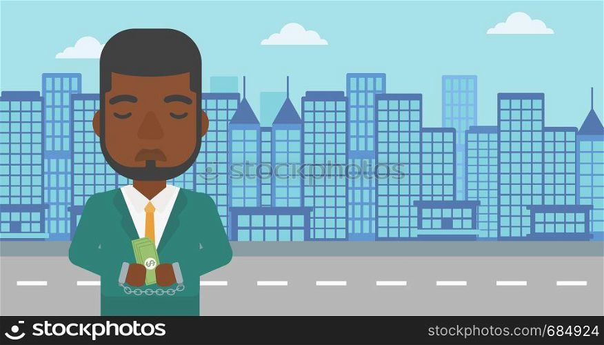An african-american young businessman in handcuffs with money in hands on the background of modern city. Businessman handcuffed for crime. Vector flat design illustration. Horizontal layout.. Businessman handcuffed for crime.
