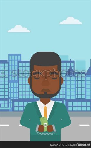 An african-american young businessman in handcuffs with money in hands on the background of modern city. Businessman handcuffed for crime. Vector flat design illustration. Vertical layout.. Businessman handcuffed for crime.
