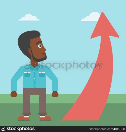 An african-american young businessman looking at a red arrow going up. Successful business concept. Vector flat design illustration. Square layout.. Businessman looking at arrow going up.
