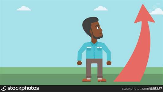 An african-american young businessman looking at a red arrow going up. Successful business concept. Vector flat design illustration. Horizontal layout.. Businessman looking at arrow going up.