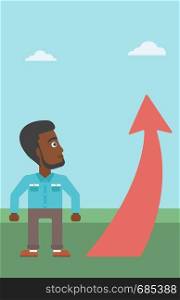 An african-american young businessman looking at a red arrow going up. Successful business concept. Vector flat design illustration. Vertical layout.. Businessman looking at arrow going up.