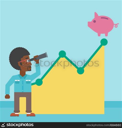An african-american young businessman looking through spyglass at a piggy bank standing at the top of growth graph. Vector flat design illustration. Square layout.. Businessman looking through spyglass at piggy bank