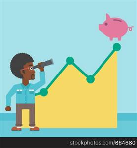 An african-american young businessman looking through spyglass at a piggy bank standing at the top of growth graph. Vector flat design illustration. Square layout.. Businessman looking through spyglass at piggy bank