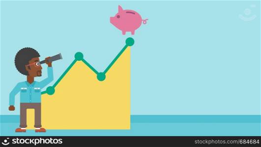 An african-american young businessman looking through spyglass at a piggy bank standing at the top of growth graph. Vector flat design illustration. Horizontal layout.. Businessman looking through spyglass at piggy bank