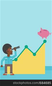 An african-american young businessman looking through spyglass at a piggy bank standing at the top of growth graph. Vector flat design illustration. Vertical layout.. Businessman looking through spyglass at piggy bank