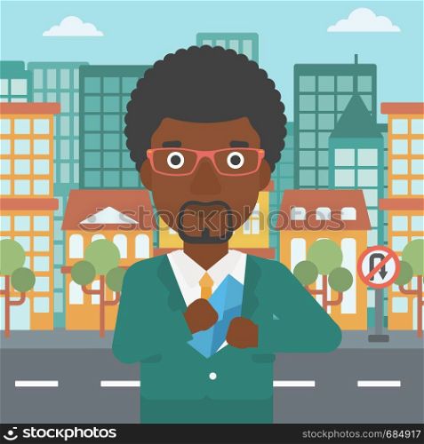 An african-american young businessman putting an envelope in his pocket on a city background. Vector flat design illustration. Square layout.. Man putting envelope in pocket vector illustration