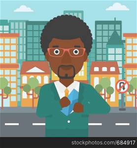 An african-american young businessman putting an envelope in his pocket on a city background. Vector flat design illustration. Square layout.. Man putting envelope in pocket vector illustration