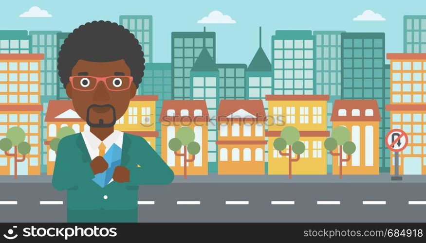 An african-american young businessman putting an envelope in his pocket on a city background. Vector flat design illustration. Horizontal layout.. Man putting envelope in pocket vector illustration