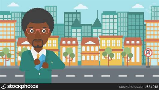 An african-american young businessman putting an envelope in his pocket on a city background. Vector flat design illustration. Horizontal layout.. Man putting envelope in pocket vector illustration