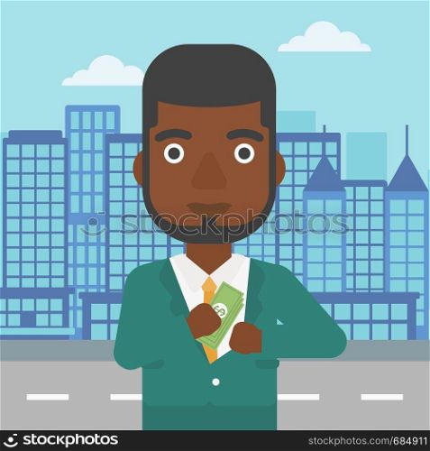 An african-american young businessman putting money in his pocket on a city background. Vector flat design illustration. Square layout.. Man putting money in pocket vector illustration.