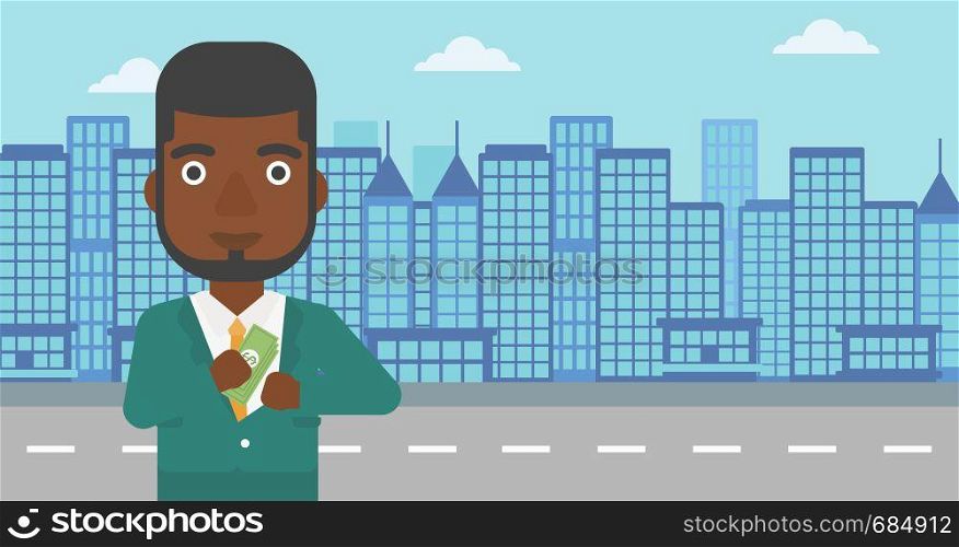 An african-american young businessman putting money in his pocket on a city background. Vector flat design illustration. Horizontal layout.. Man putting money in pocket vector illustration.
