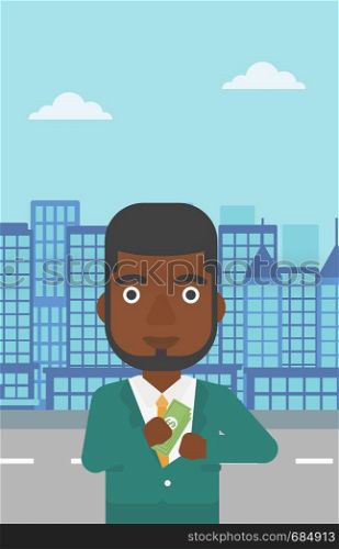 An african-american young businessman putting money in his pocket on a city background. Vector flat design illustration. Vertical layout.. Man putting money in pocket vector illustration.