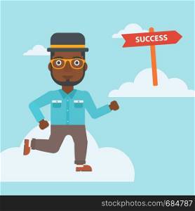 An african-american young businessman running in the sky near direction sign success. Vector flat design illustration. Square layout.. Businessman moving to success vector illustration.
