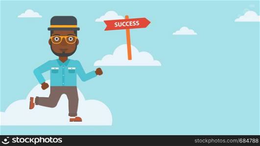 An african-american young businessman running in the sky near direction sign success. Vector flat design illustration. Horizontal layout.. Businessman moving to success vector illustration.