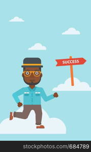 An african-american young businessman running in the sky near direction sign success. Vector flat design illustration. Vrtical layout.. Businessman moving to success vector illustration.