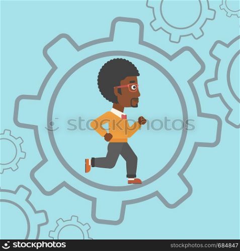 An african-american young businessman running inside a big cogwheel on a blue background. Vector flat design illustration. Square layout.. Businessman running inside the gear.