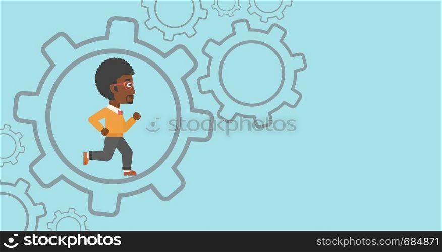 An african-american young businessman running inside a big cogwheel on a blue background. Vector flat design illustration. Horizontal layout.. Businessman running inside the gear.