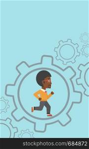 An african-american young businessman running inside a big cogwheel on a blue background. Vector flat design illustration. Vertical layout.. Businessman running inside the gear.
