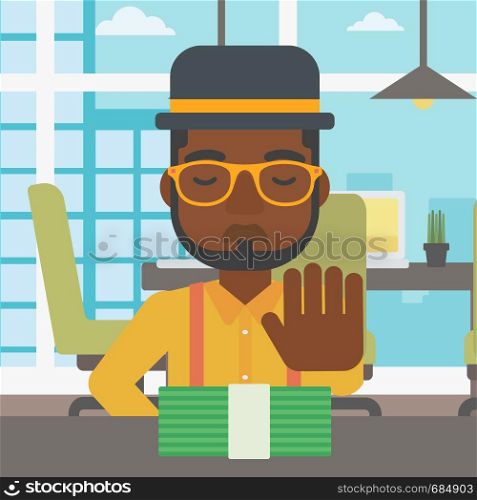 An african-american young businessman sitting at the table in office and moving dollar bills away. Vector flat design illustration. Square layout.. Man refusing bribe vector illustration.