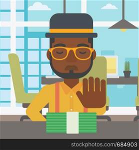 An african-american young businessman sitting at the table in office and moving dollar bills away. Vector flat design illustration. Square layout.. Man refusing bribe vector illustration.