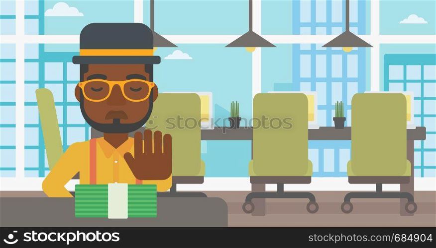 An african-american young businessman sitting at the table in office and moving dollar bills away. Vector flat design illustration. Horizontal layout.. Man refusing bribe vector illustration.