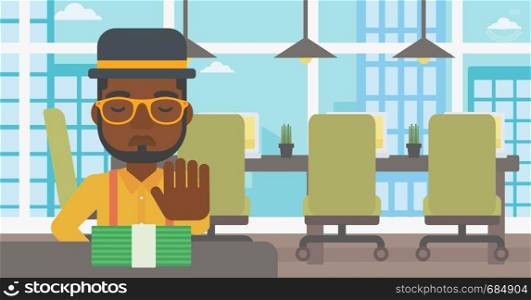 An african-american young businessman sitting at the table in office and moving dollar bills away. Vector flat design illustration. Horizontal layout.. Man refusing bribe vector illustration.