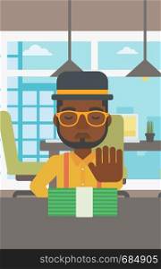 An african-american young businessman sitting at the table in office and moving dollar bills away. Vector flat design illustration. Vertical layout.. Man refusing bribe vector illustration.
