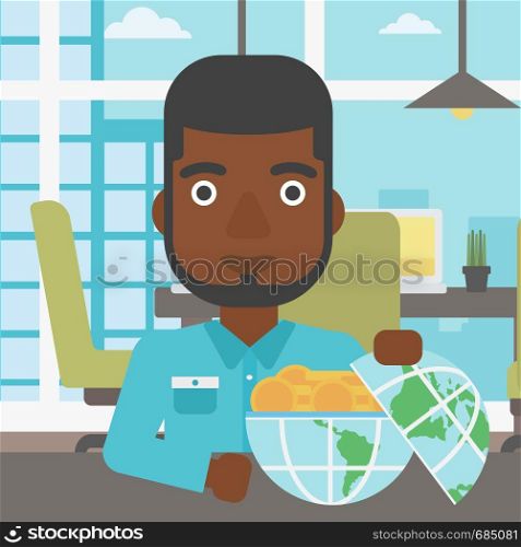 An african-american young businessman sitting at the table in office with a Earth globe full of gold coins. Concept of global business. Vector flat design illustration. Square layout.. Businessman with Earth globe full of money.