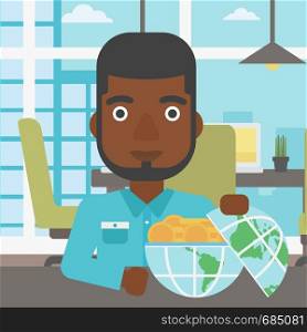 An african-american young businessman sitting at the table in office with a Earth globe full of gold coins. Concept of global business. Vector flat design illustration. Square layout.. Businessman with Earth globe full of money.