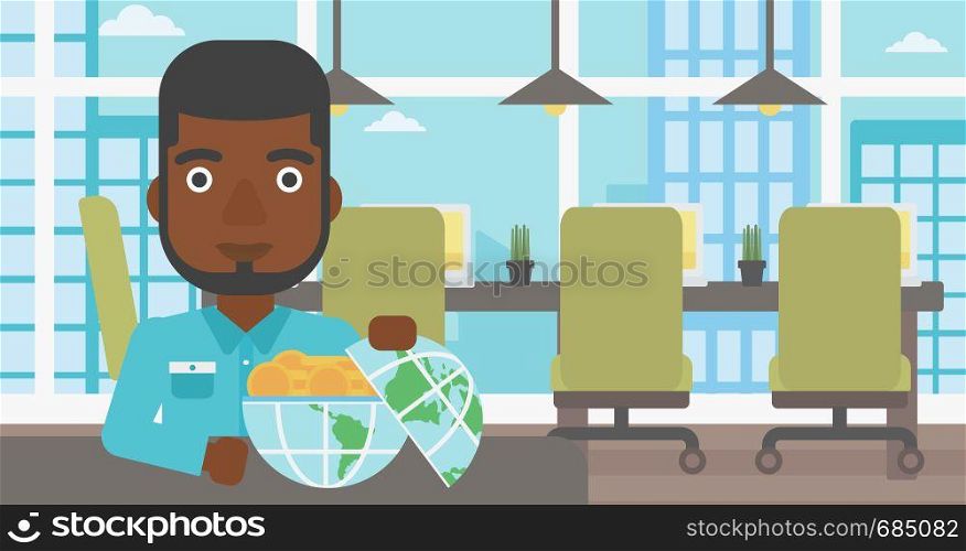 An african-american young businessman sitting at the table in office with a Earth globe full of gold coins. Concept of global business. Vector flat design illustration. Horizontal layout.. Businessman with Earth globe full of money.