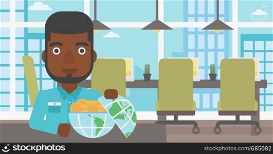 An african-american young businessman sitting at the table in office with a Earth globe full of gold coins. Concept of global business. Vector flat design illustration. Horizontal layout.. Businessman with Earth globe full of money.
