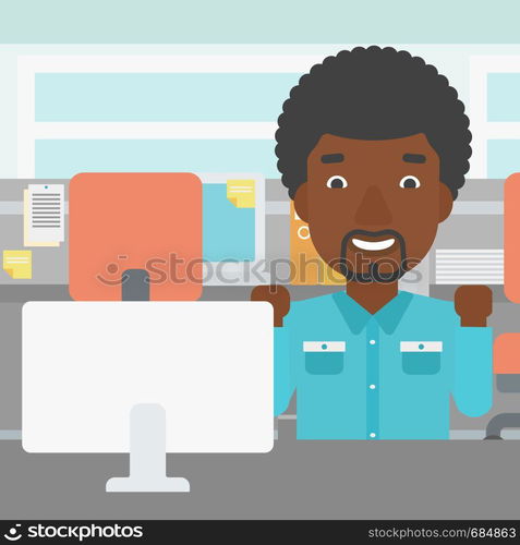 An african-american young businessman sitting at workplace in office and celebrating. Successful business concept. Vector flat design illustration. Square layout.. Successful businessman vector illustration.