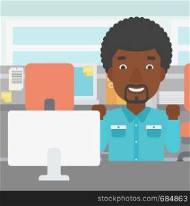 An african-american young businessman sitting at workplace in office and celebrating. Successful business concept. Vector flat design illustration. Square layout.. Successful businessman vector illustration.