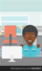 An african-american young businessman sitting at workplace in office and celebrating. Successful business concept. Vector flat design illustration. Vertical layout.. Successful businessman vector illustration.