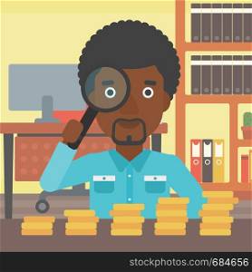 An african-american young businessman sitting in the office and looking at stacks of golden coins through magnifier. Vector flat design illustration. Square layout.. Man with magnifier looking at golden coins.
