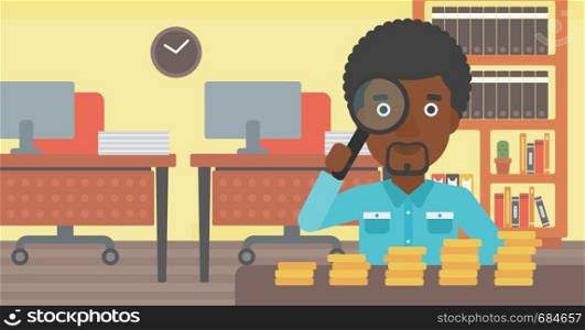 An african-american young businessman sitting in the office and looking at stacks of golden coins through magnifier. Vector flat design illustration. Horizontal layout.. Man with magnifier looking at golden coins.