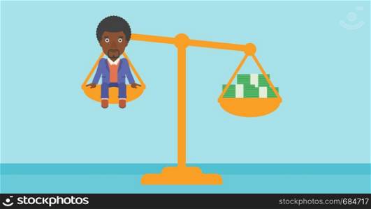 An african-american young businessman sitting on a scale with stacks of money. Vector flat design illustration. Horizontal layout.. Businessman sitting on scale with stacks of money.