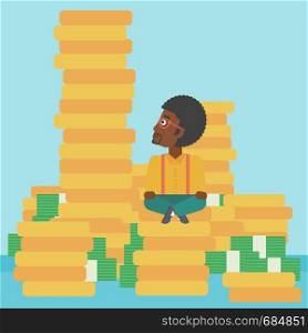 An african-american young businessman sitting on stack of gold coins and looking up to the biggest one. Successful business concept. Vector flat design illustration. Square layout.. Businessman sitting on gold vector illustration.
