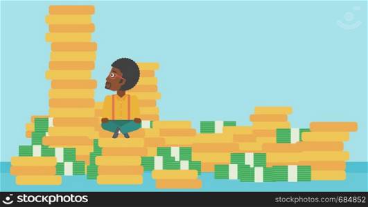 An african-american young businessman sitting on stack of gold coins and looking up to the biggest one. Successful business concept. Vector flat design illustration. Horizontal layout.. Businessman sitting on gold vector illustration.