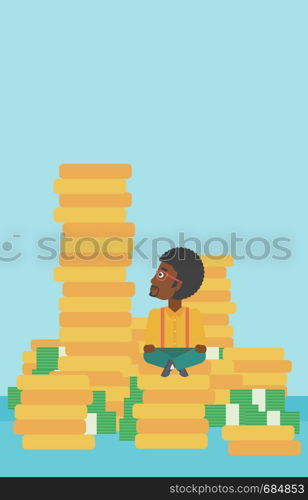 An african-american young businessman sitting on stack of gold coins and looking up to the biggest one. Successful business concept. Vector flat design illustration. Vertical layout.. Businessman sitting on gold vector illustration.