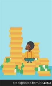 An african-american young businessman sitting on stack of gold coins and looking up to the biggest one. Successful business concept. Vector flat design illustration. Vertical layout.. Businessman sitting on gold vector illustration.