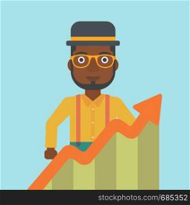 An african-american young businessman standing behind growing chart. Successful business concept. Vector flat design illustration. Square layout.. Businessman with growing chart.